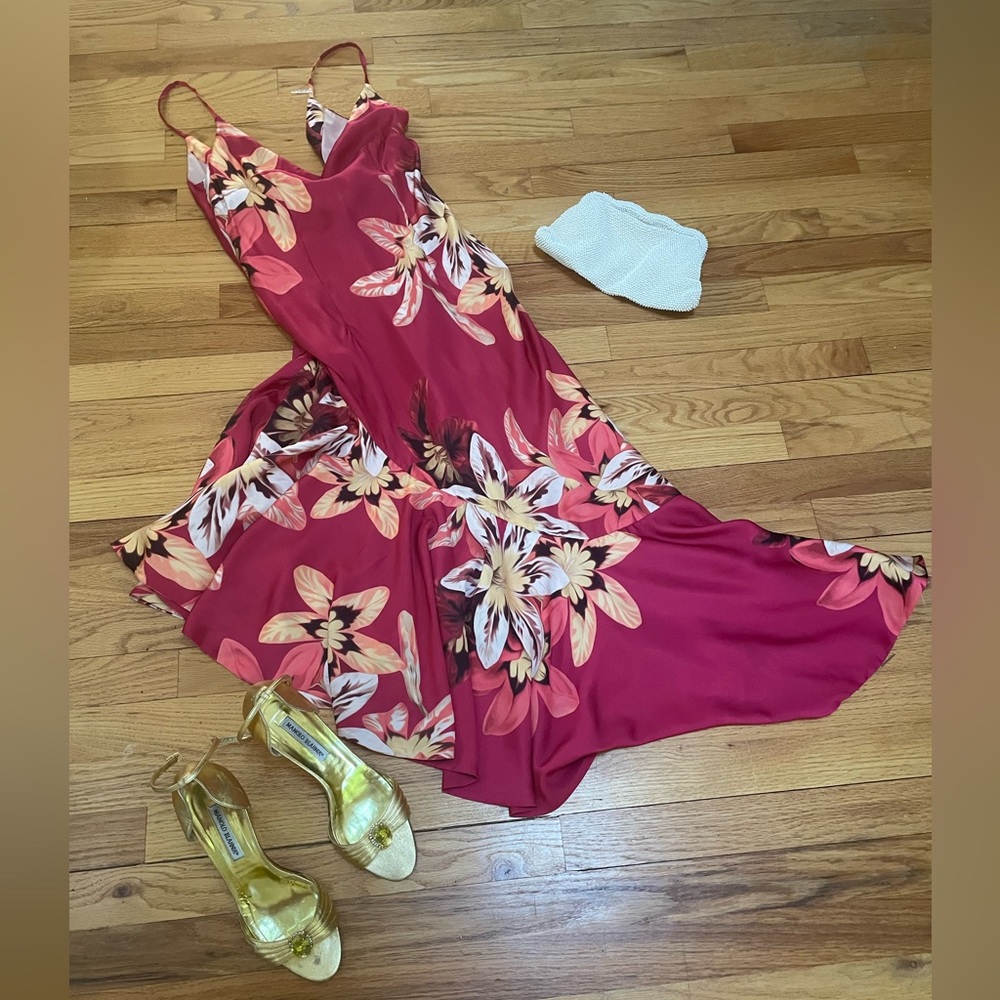 PatBO Carmen Floral Asymmetrical Slip Dress Pink Bias Cut Ruffle Hem Size 4 - Picture 4 of 11